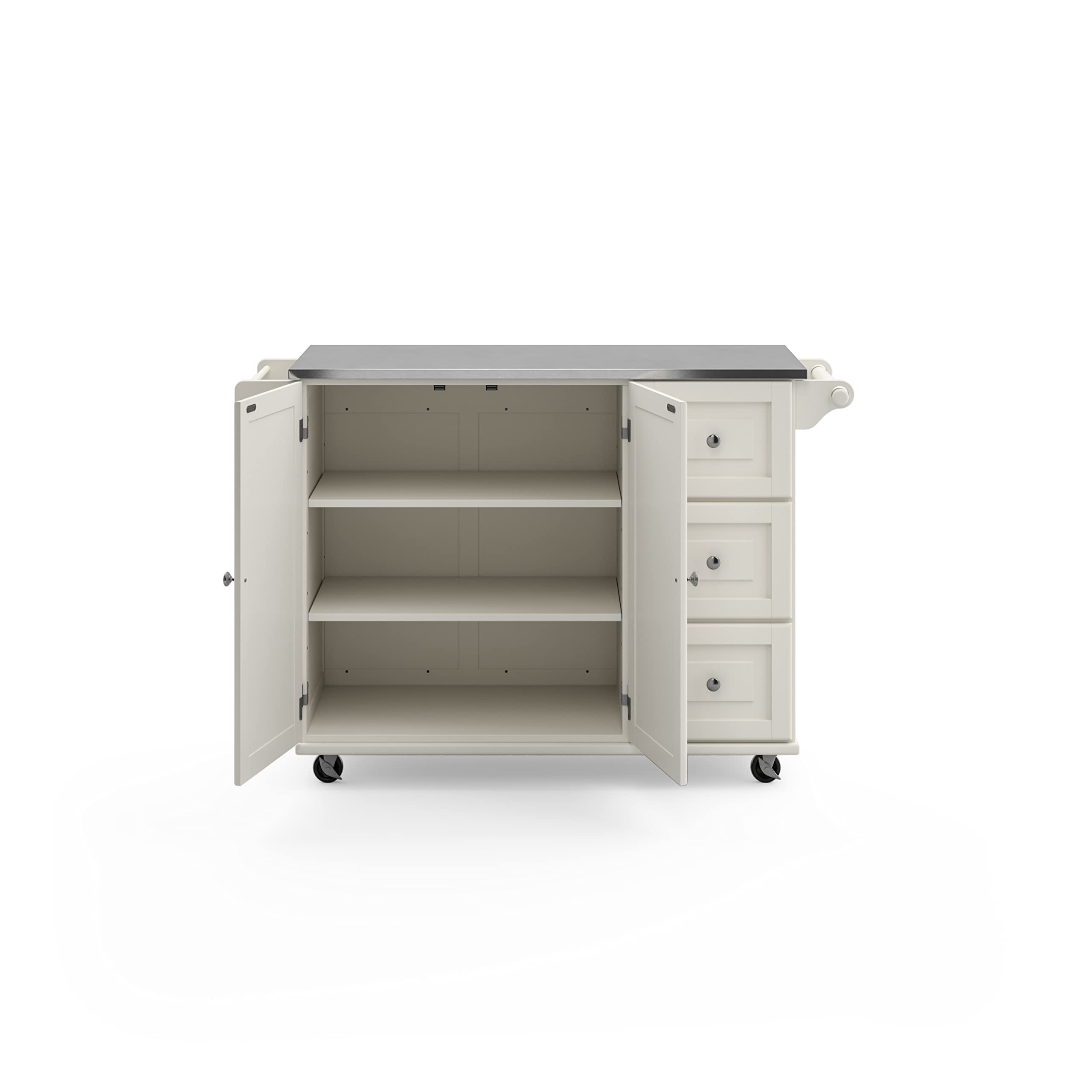 53.5" Kitchen Island Cart with Storage, Rolling Kitchen Cart on Wheels with Stainless Steel Top, Mobile Prep Station with Drawers, Cabinets, Adjustable Shelves & Towel Rack, Solid Wood, Off White