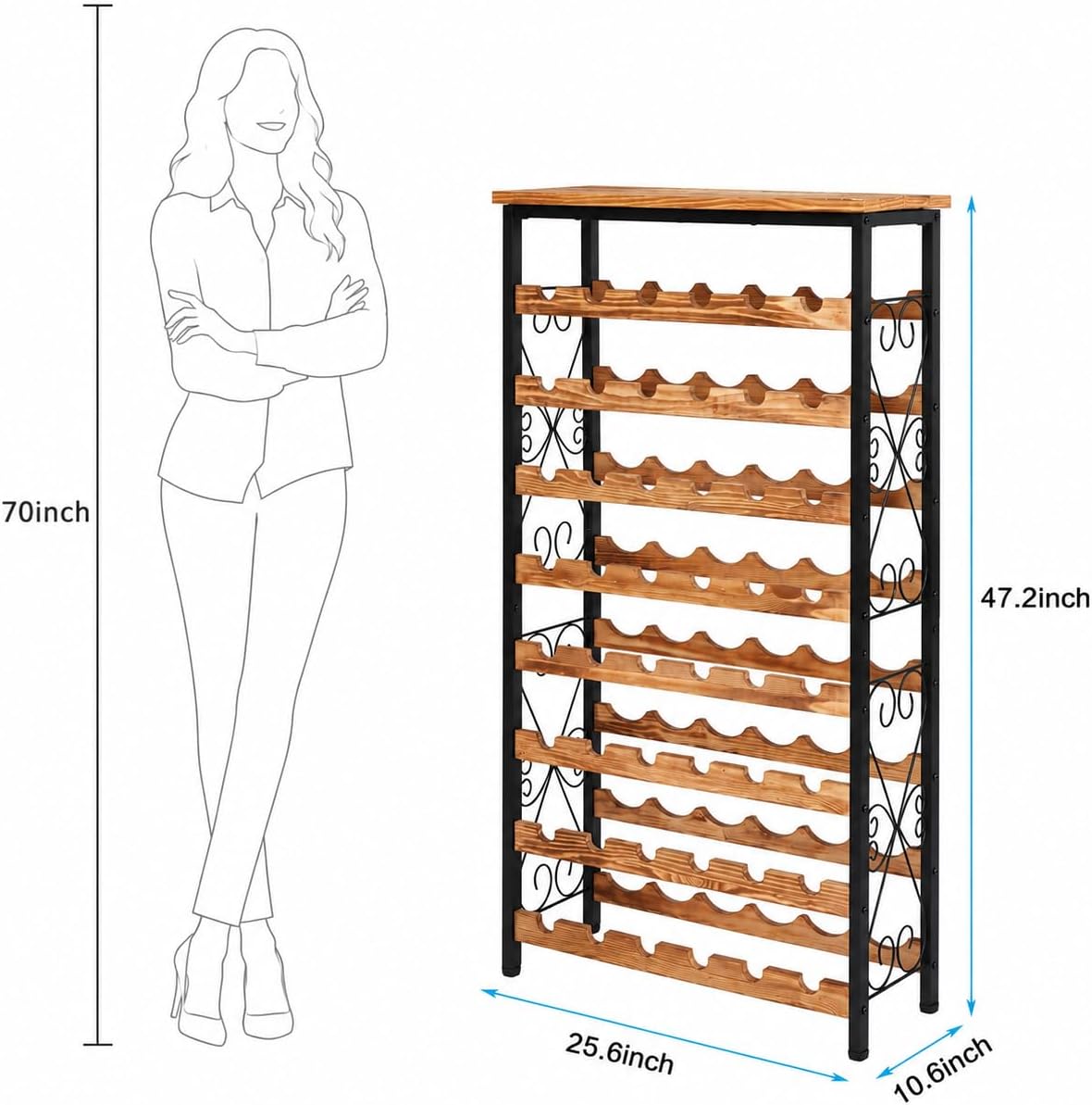 Sonyabecca 48 Bottle Wine Rack Freestanding Floor with Wood Top,8-Tier Wine Storage Shelf with Serving Station, Wine Holder for Kitchen, Bar, Dining Room, Home Bar Cabinet for Wine Bottles, No Wobble