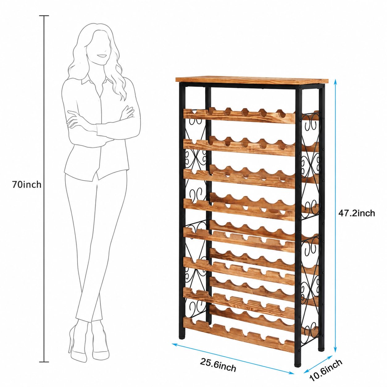 Sonyabecca 48 Bottle Wine Rack Freestanding Floor with Wood Top,8-Tier Wine Storage Shelf with Serving Station, Wine Holder for Kitchen, Bar, Dining Room, Home Bar Cabinet for Wine Bottles, No Wobble