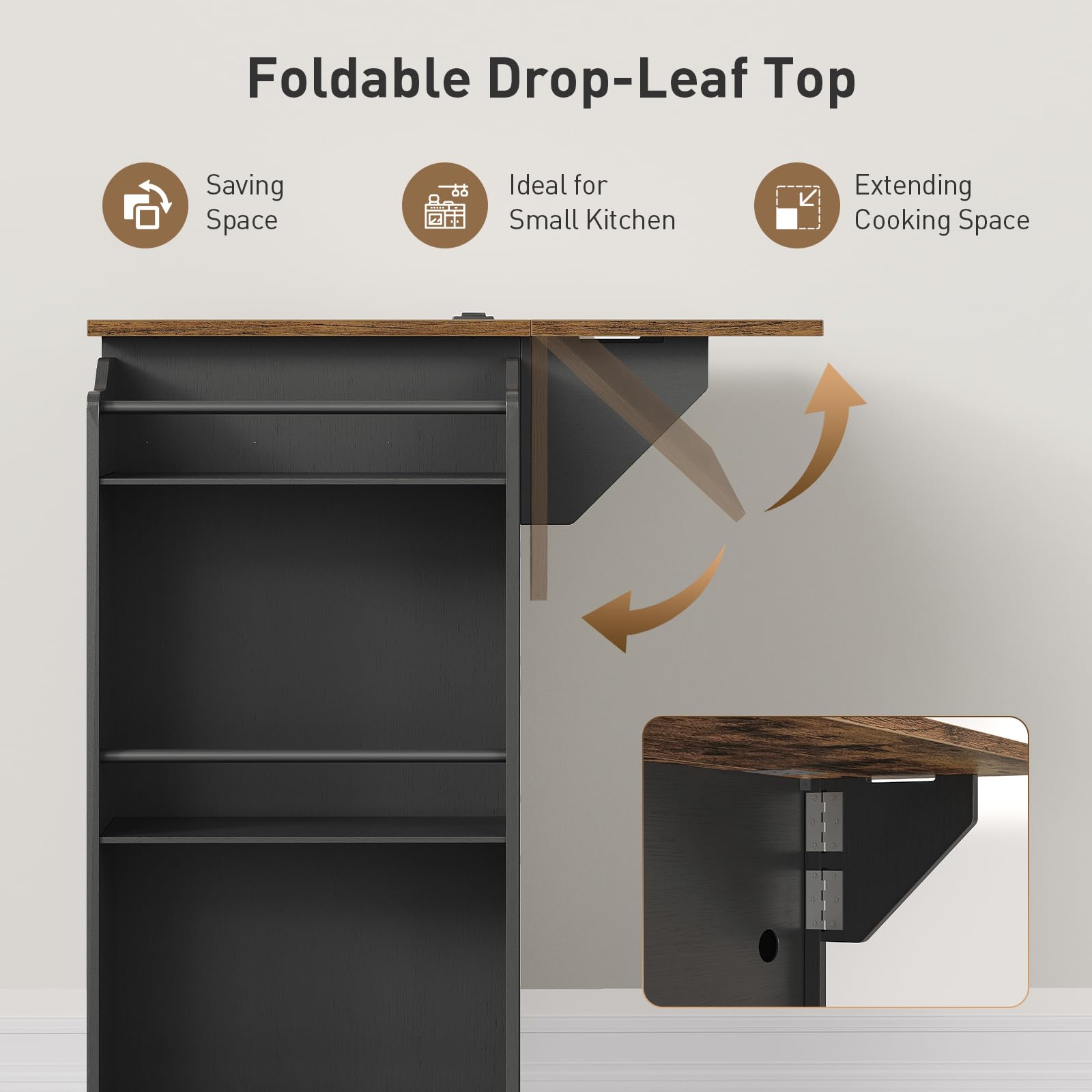 Kitchen Island with Power Outlets & Drop Leaf