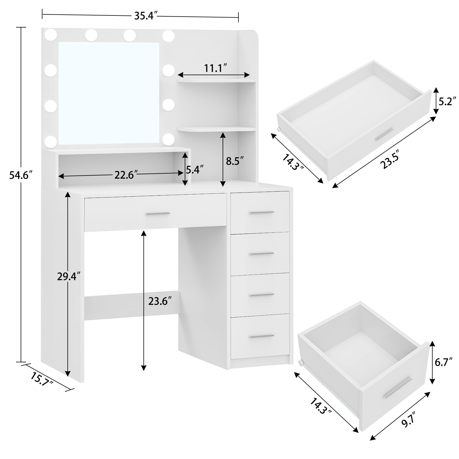 Quimoo Vanity Desk with Mirror & Lights, Makeup Vanity with 5 Drawers & Storage Shelves, White Vanity Table, 3 Color Modes & Adjustable Brightness, Dressing Table, Bedroom