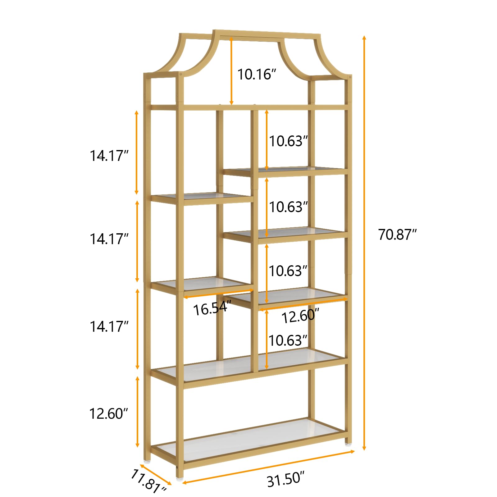 8-Tier Tempered Glass Etagere Bookshelf – Gold Metal Frame