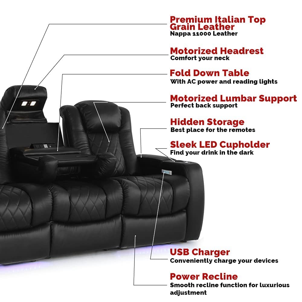 Valencia Tuscany Home Theater Seating | Premium Top Grain Italian Nappa 11000 Leather, Power Headrest, Power Lumbar Support, with Center Drop Down Console (Row of 3, Navy Blue)