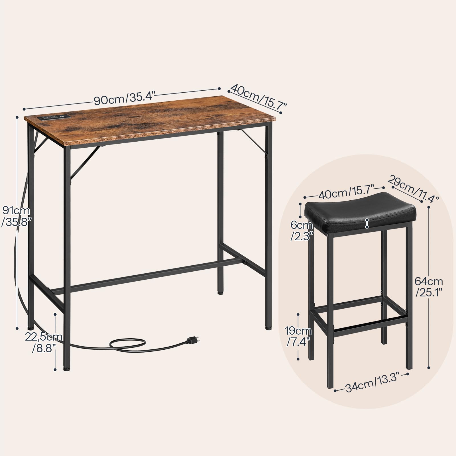 3-Piece Bar Table & Stools Set with Charging Station