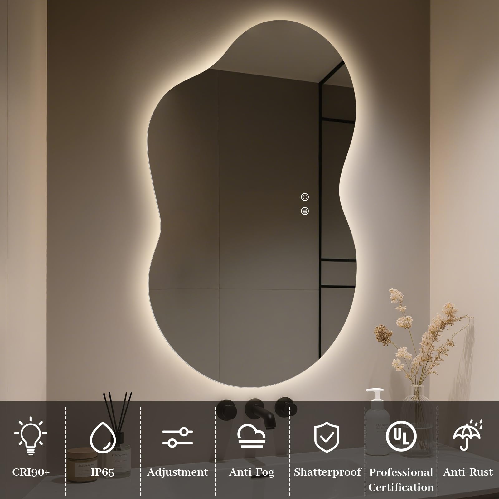 WallBeyond 36"x24" Irregular LED Bathroom Mirror with Lights, Asymmetrical Backlit Vanity Mirror for Powder Room or Makeup Area, Dimmable & Anti-Fog, Dual Mounting