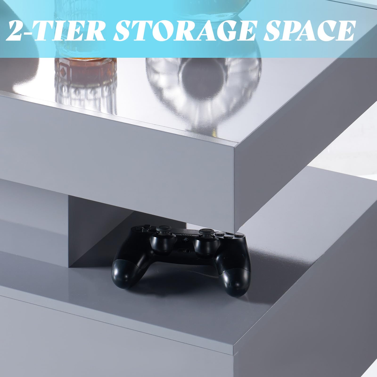 AMERLIFE High Gloss 2-Tier LED Coffee Table, 40" Modern Center Table with LED Lights, Open Storage Space, Minimalism Rectangular Sofa Side Table for Living Room, Gray