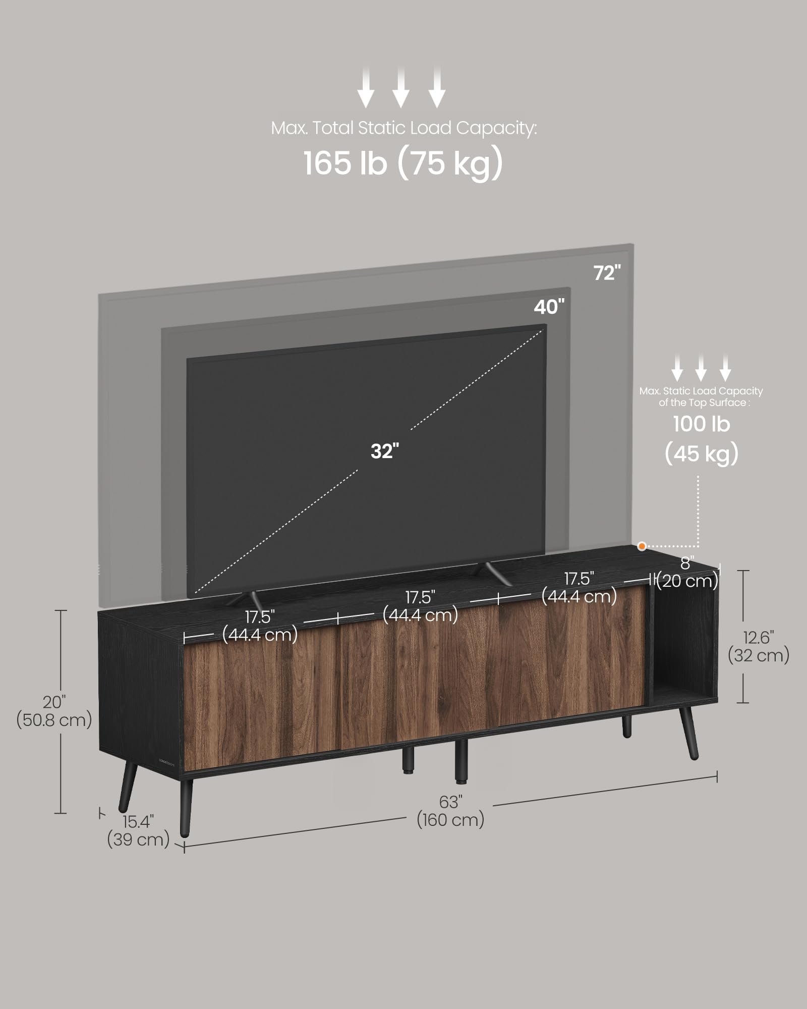 63" TV Stand with Sliding Doors & Storage