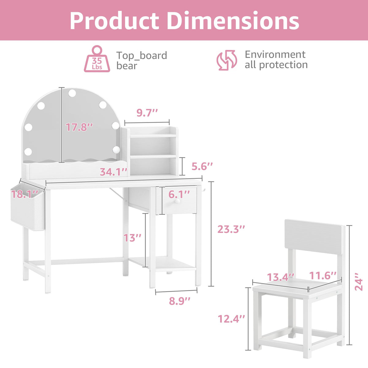 BOLUO Kids Vanity for Girls, Kids Vanity Table and Chair Set with Light and Mirror, 2 in 1 Kid Vanity Set, Princess Makeup Vanity Desk with Drawers White