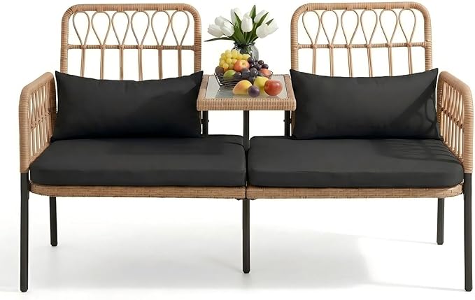 Outdoor Rattan Loveseat with Built-In Table & Cushions