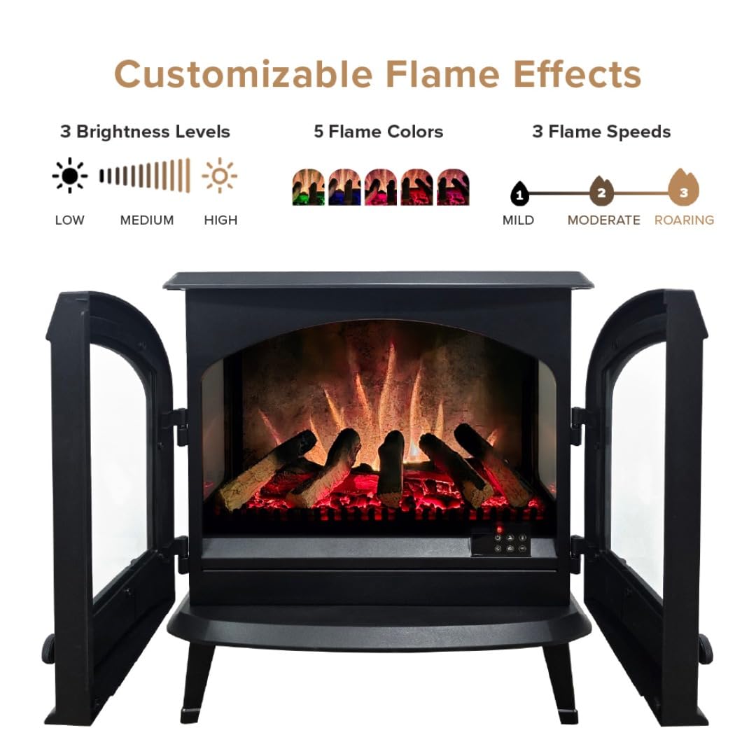 Modern Ember Harlowe Freestanding Electric Fireplace Stove Heater in Black with Multi-Color Ember Bed | Smart Technology | Alexa/WiFi Enabled | 1500W | Indoor Portable Heater | Safety Shutoff
