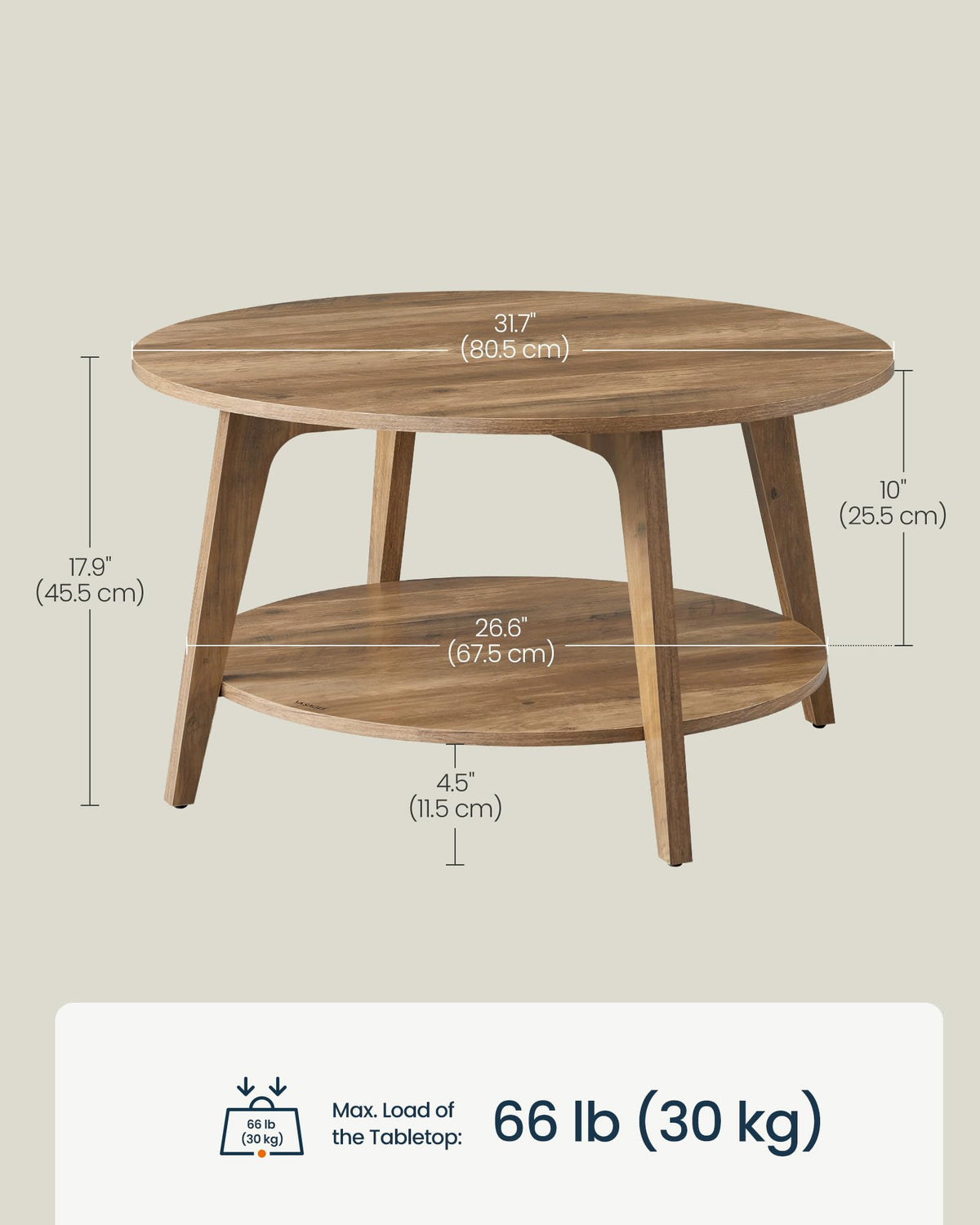SONGMICS HOME Round Coffee Table, 2 Tier Living Room Center Table, Mid Century Modern Charm, Brown