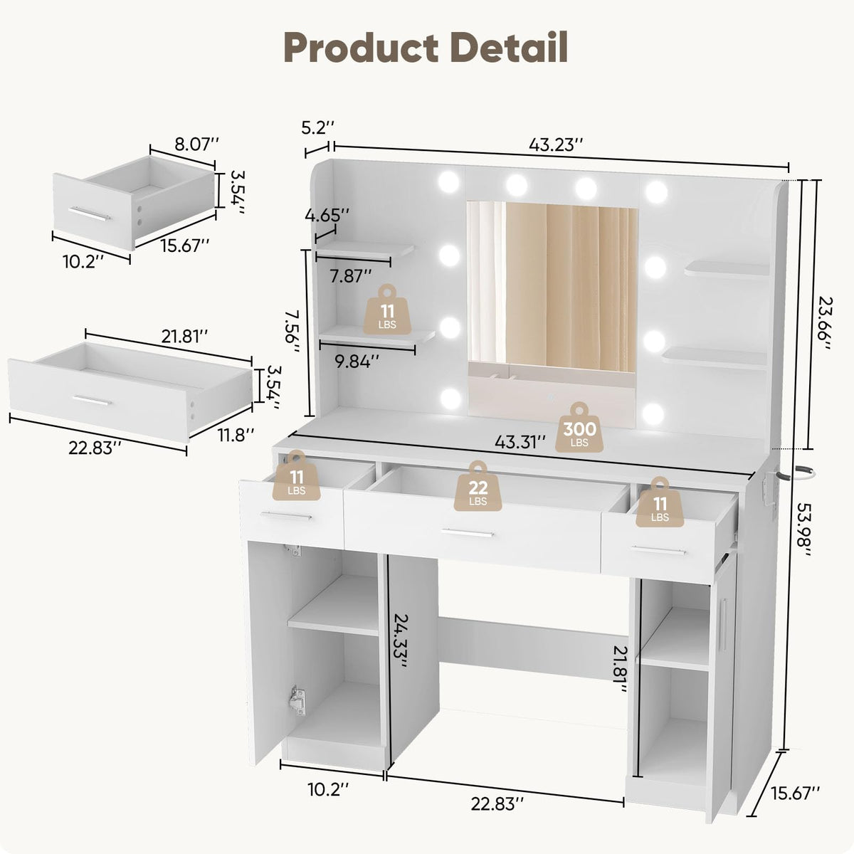 OLIXIS Vanity Desk with Mirror and LED Bulbs, Power Outlet Makeup Table with 3 Drawer & 2 Storage Cabinet, 3 Adjustable Lighting, Modern Ample Storage Dressing Table for Bedroom, White