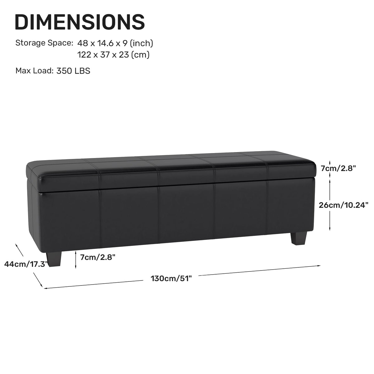51 Inch Storage Ottoman Bench,PU Leather Oversized bench for Living Room