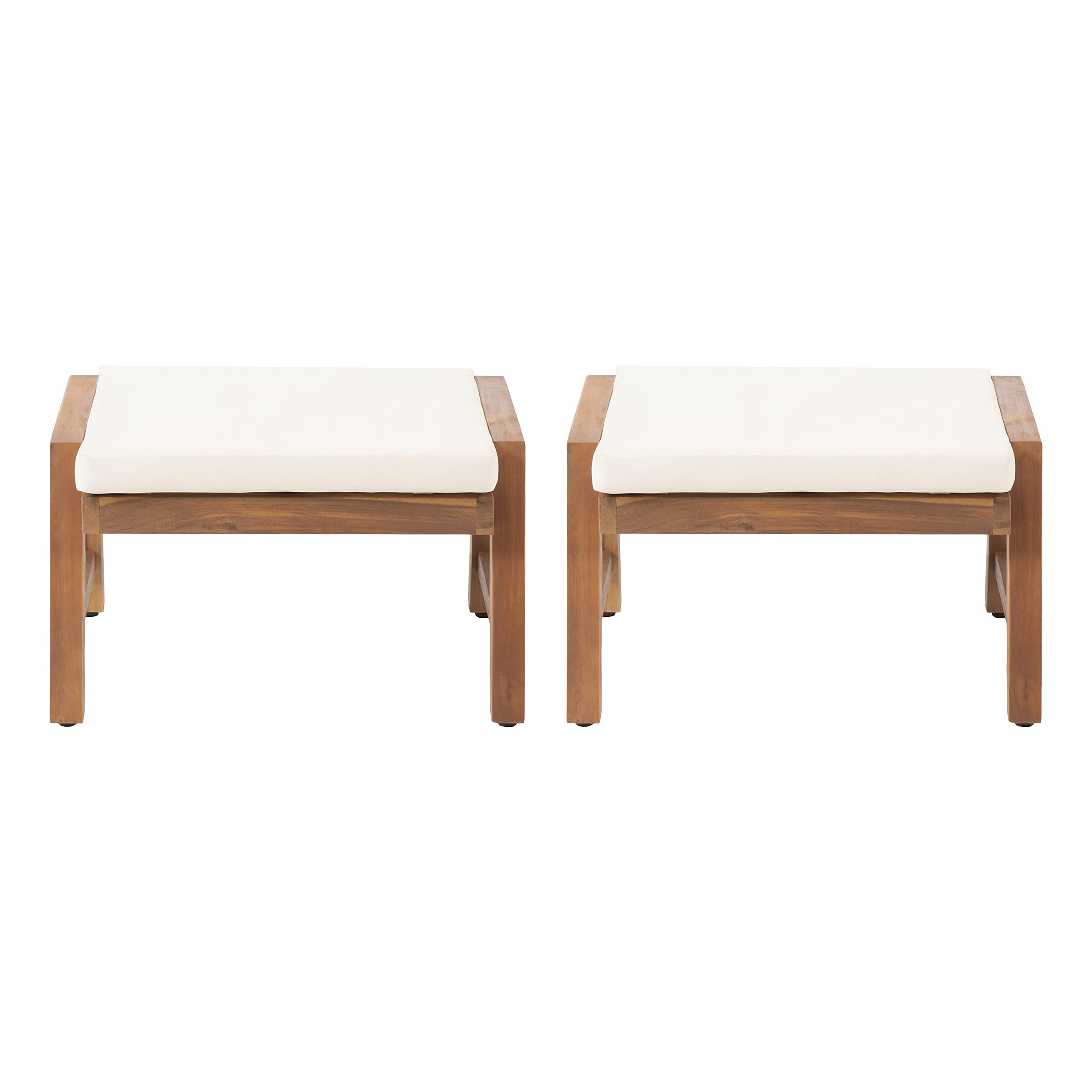 Outdoor Acacia Wood Ottoman Set with Cushions (Set of 2)