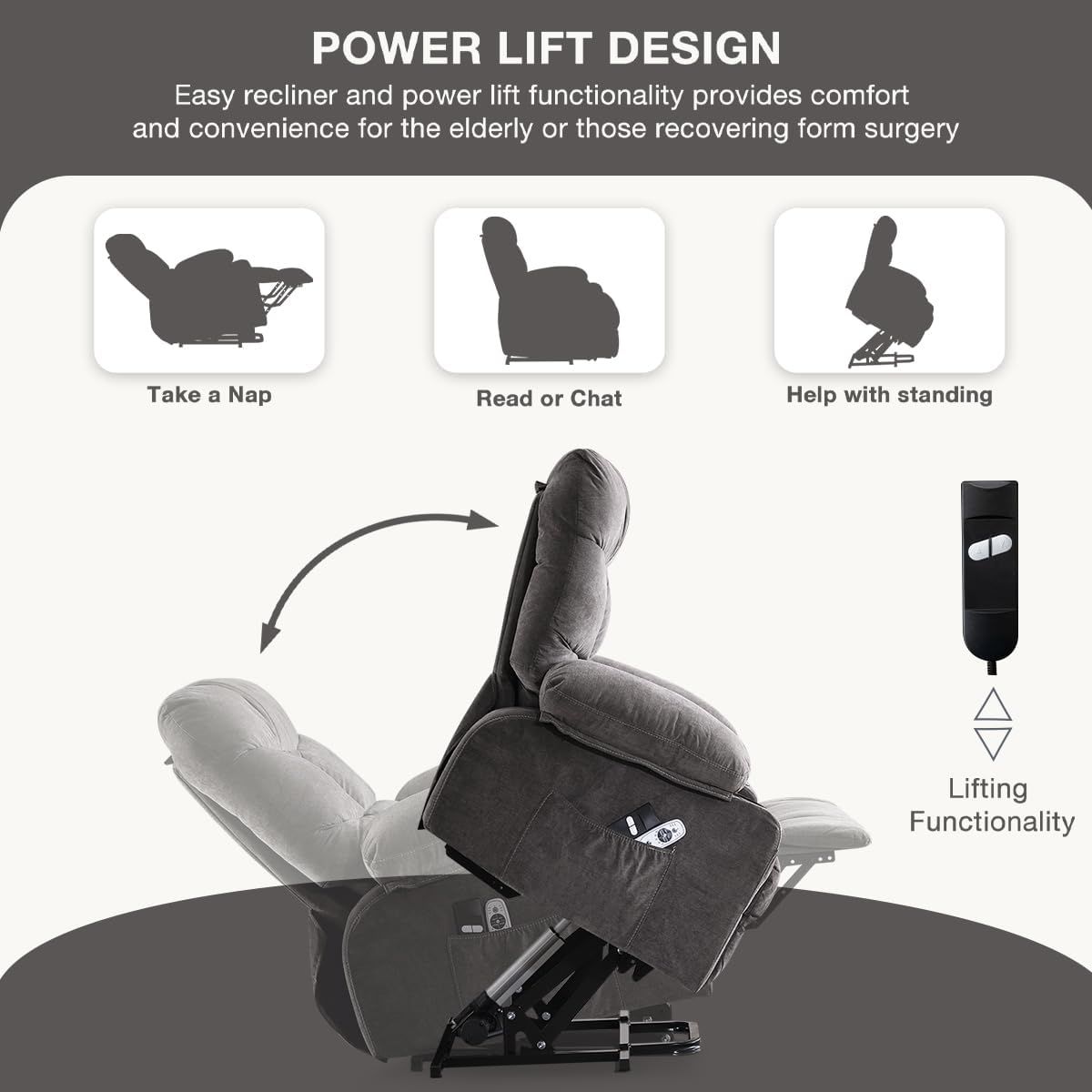 KWKSV Power Lift Recliner Chair for Elderly,8-Point Vibration Massage & Heat,Electric Lift Chair with Two Cup Holders,4 Side Pockets,Extended Footrest for Living Room