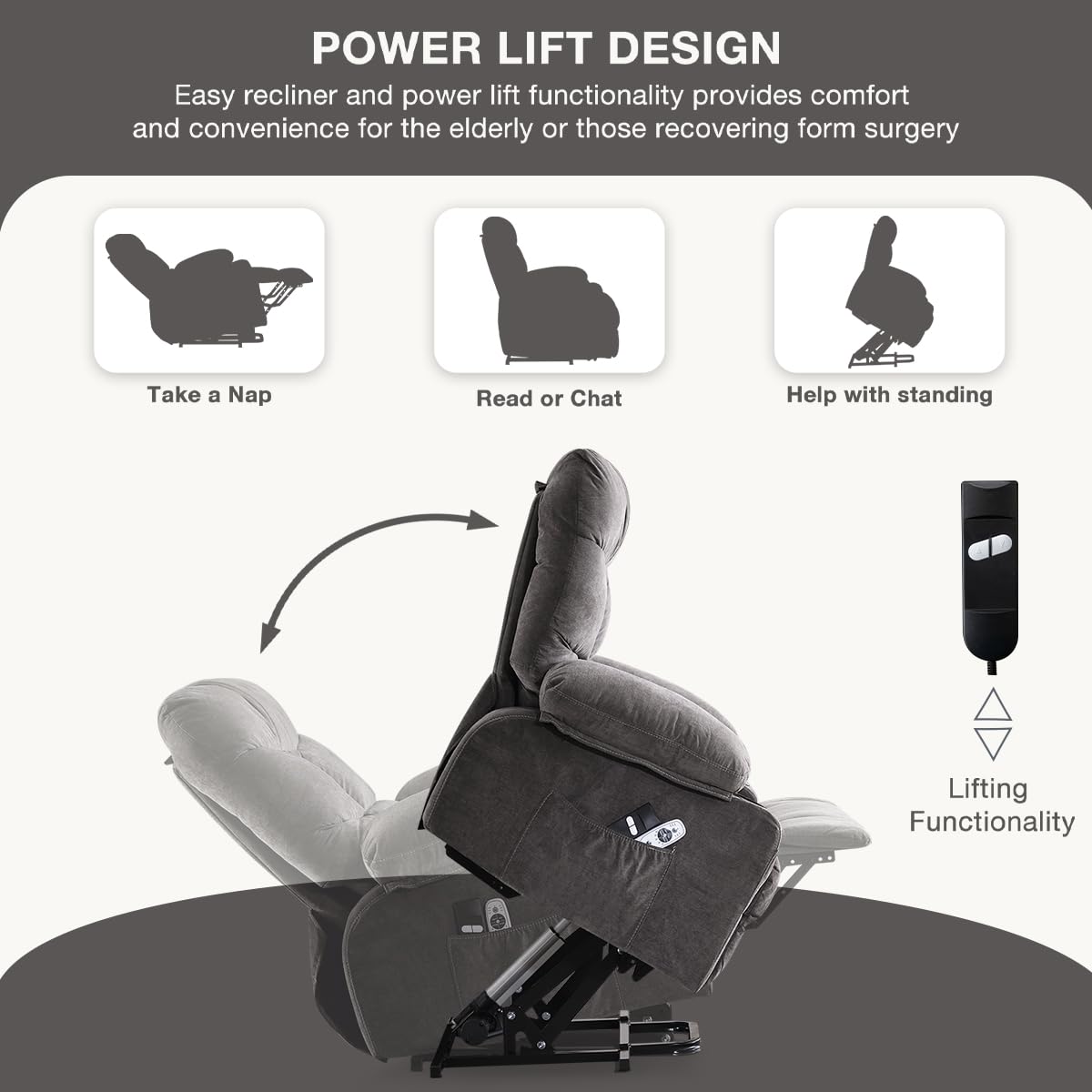 KWKSV Power Lift Recliner Chair for Elderly,8-Point Vibration Massage & Heat,Electric Lift Chair with Two Cup Holders,4 Side Pockets,Extended Footrest for Living Room