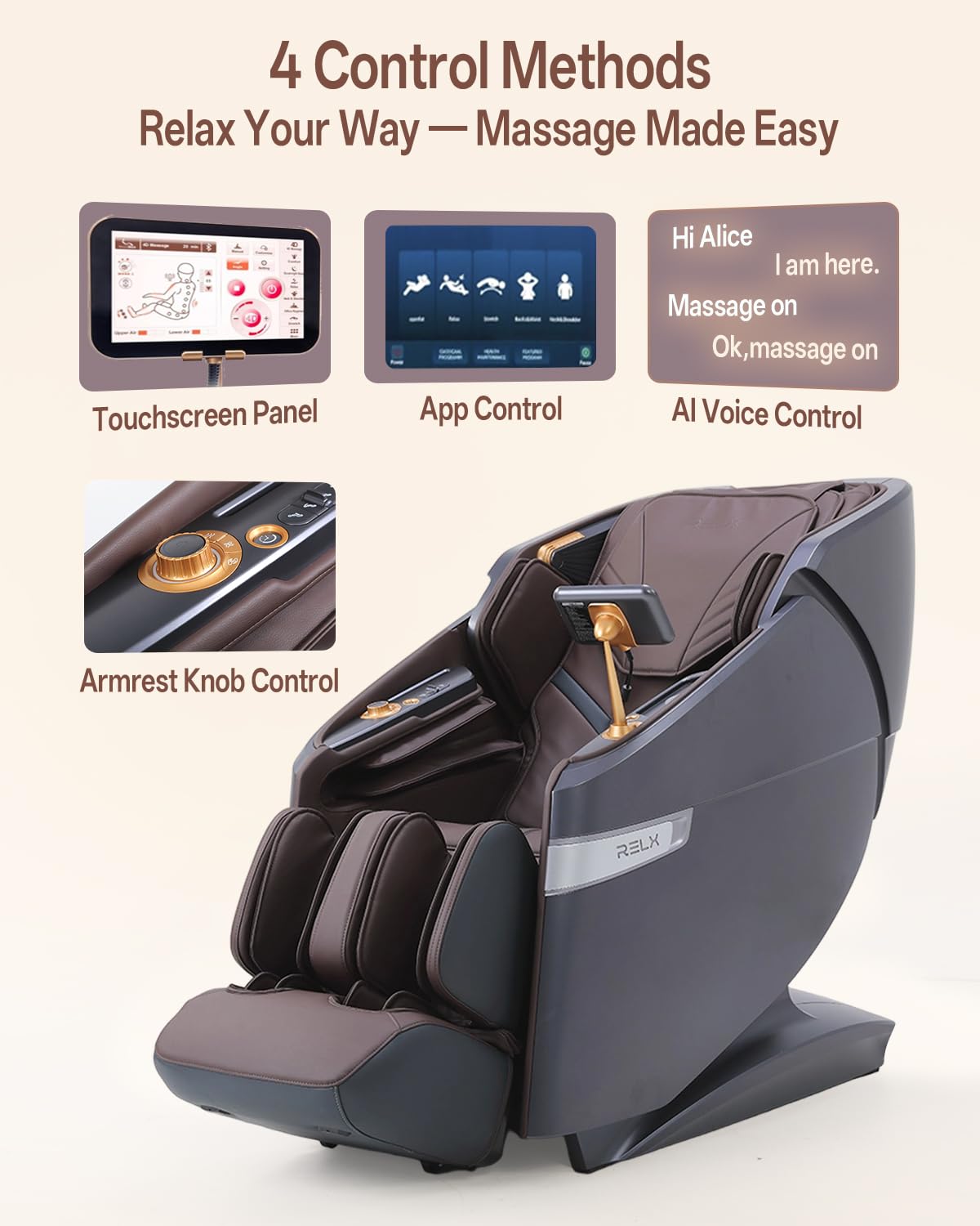 RELX 4D Massage Chair Full Body, Zero Gravity Shiatsu, Body Scan, Brown
