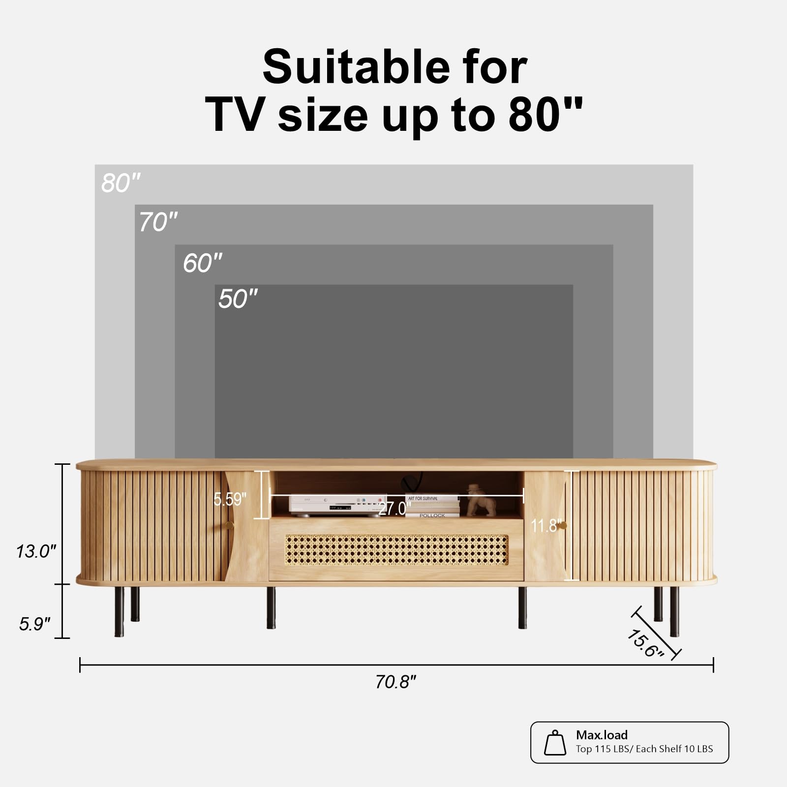 basenji Fully Assembled 71" Mid Century Modern TV Stand with Power Outlet and Sliding Doors, Rattan Entertainment Center with Storage, Wood Media Console,TV Consoles for Living Room, Wood