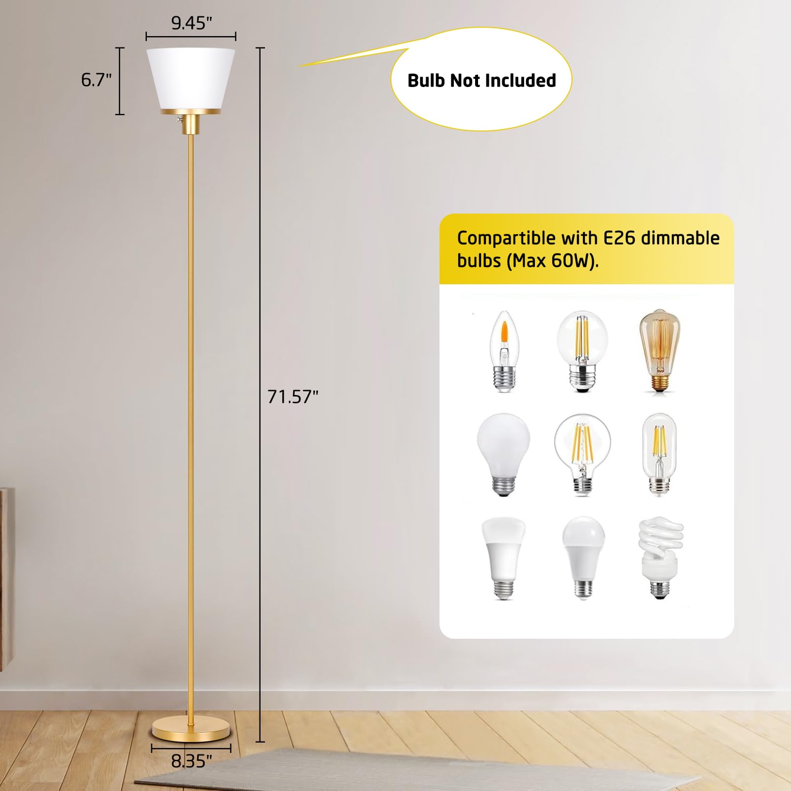Kukobo Standing Lamp for Bedroom, Gold Floor Lamp with White Plastic Shade, Modern Tall Standing Lamps Bright Floor Lamp for Living Room Office, Bulb Not Included.