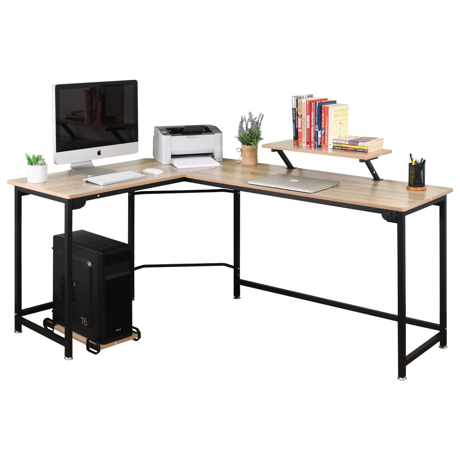 L-Shaped Computer Study Corner Desk with Monitor Stand Shelf CPU Stand, PC Laptop Gaming Desk 66” Workstation for Home Office Writing Table, Wood & Metal, Space-Saving
