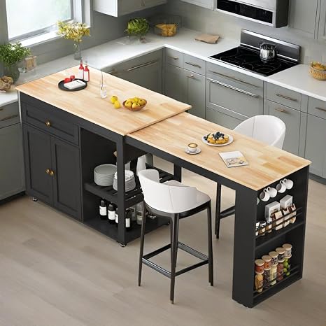 Rolling Kitchen Island with Extendable Dining Table