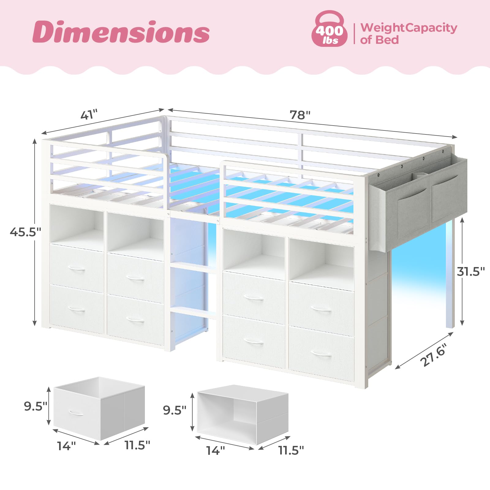Kids Low Loft Bed Twin with Storage Drawers & LED Lights