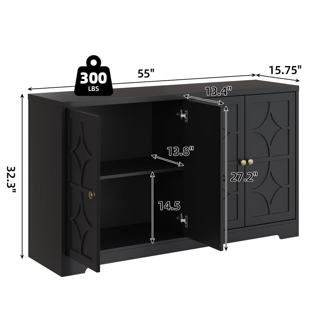 IDEALHOUSE Modern Sideboard Buffet Cabinet, 55" Buffet Storage Cabinet with Adjustable Shelves, Wood Coffee Bar Cabinet with Storage for Kitchen, Dining Room, Living Room, Black