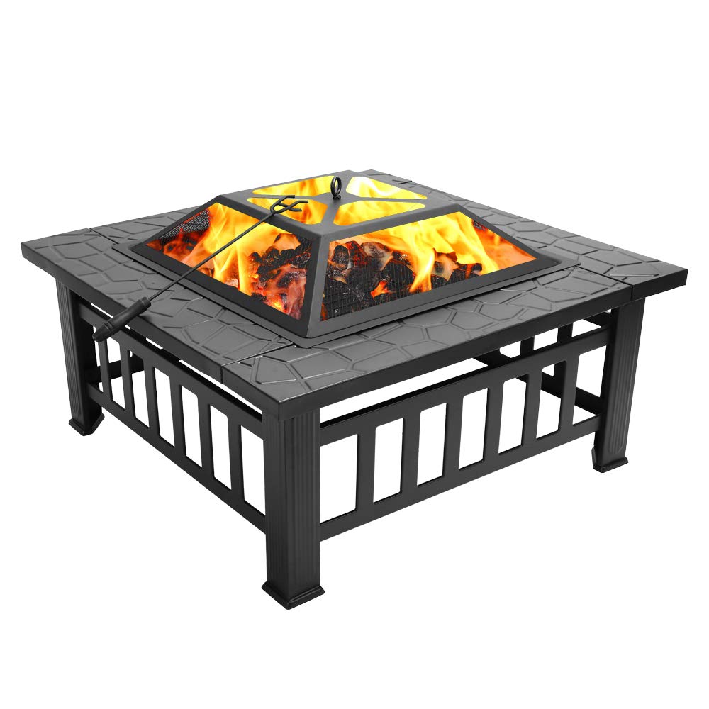 VINGLI 32in Wood Fire Pit with Mesh Lid and Fire Poker, Portable Outdoor Fireplace Burning FirePit for Chrismas Backyard Patio Outside Picnic BBQ Party (Square)