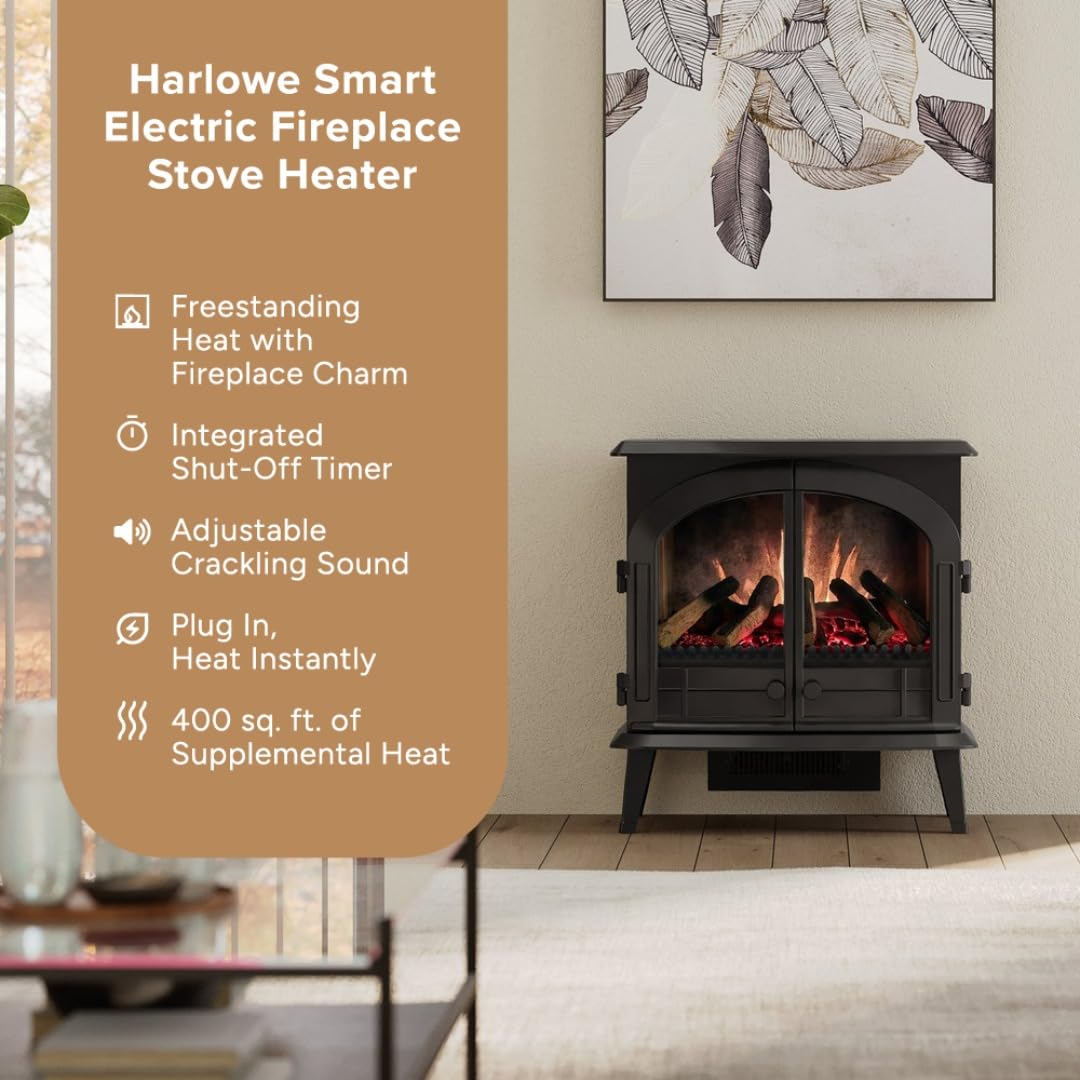 Modern Ember Harlowe Freestanding Electric Fireplace Stove Heater in Black with Multi-Color Ember Bed | Smart Technology | Alexa/WiFi Enabled | 1500W | Indoor Portable Heater | Safety Shutoff