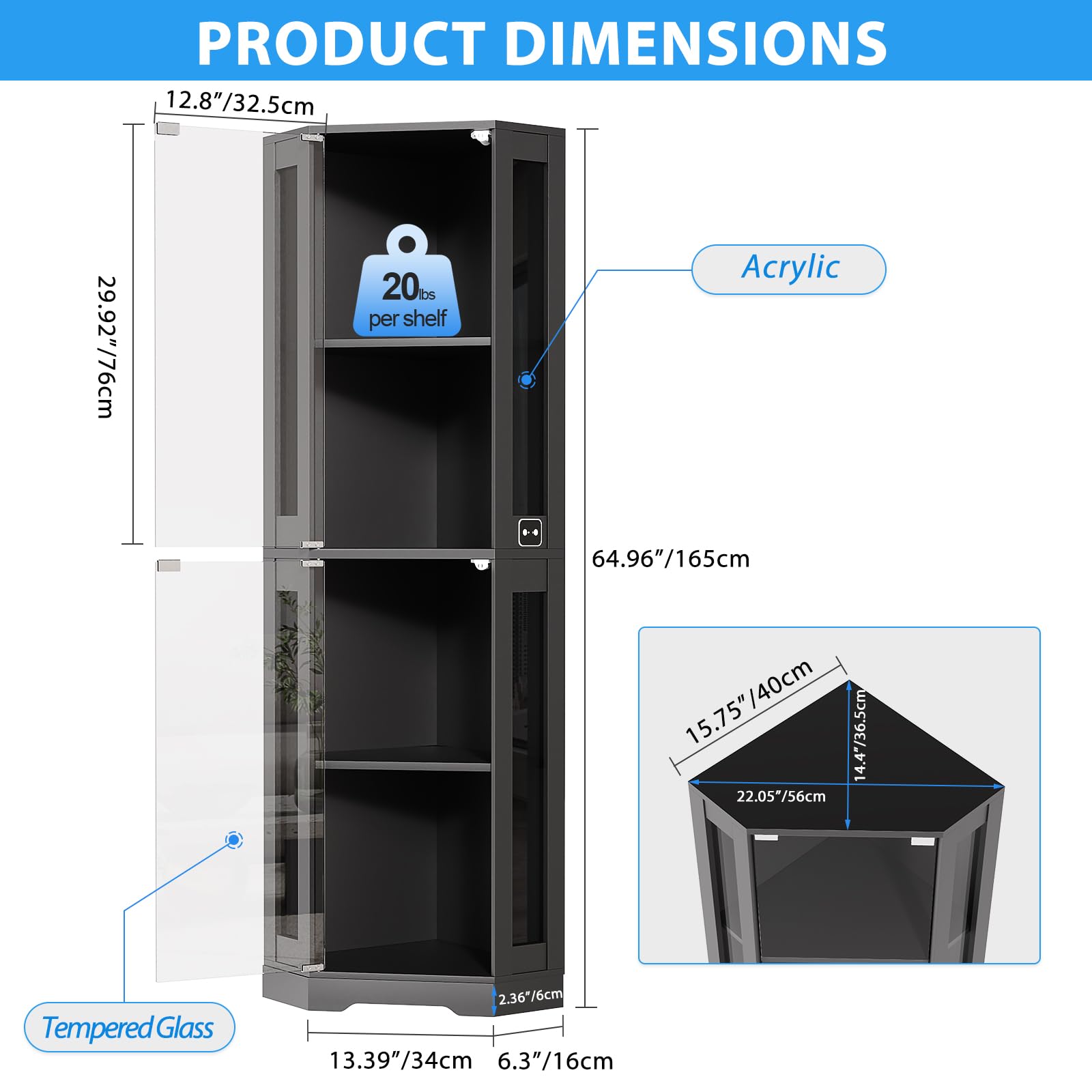 BROTTAR 65" Corner Glass Display Cabinet with LED Lights, 4-Tier Showcase Display Case with Glass Doors & Human Body Sensor for Collectibles, Liquor, Black