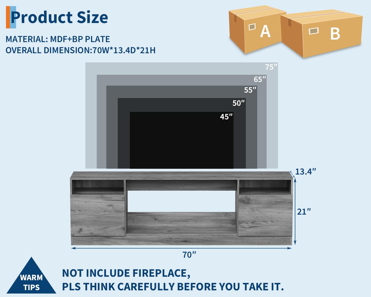 70" Gray TV Stand with Storage Cabinet