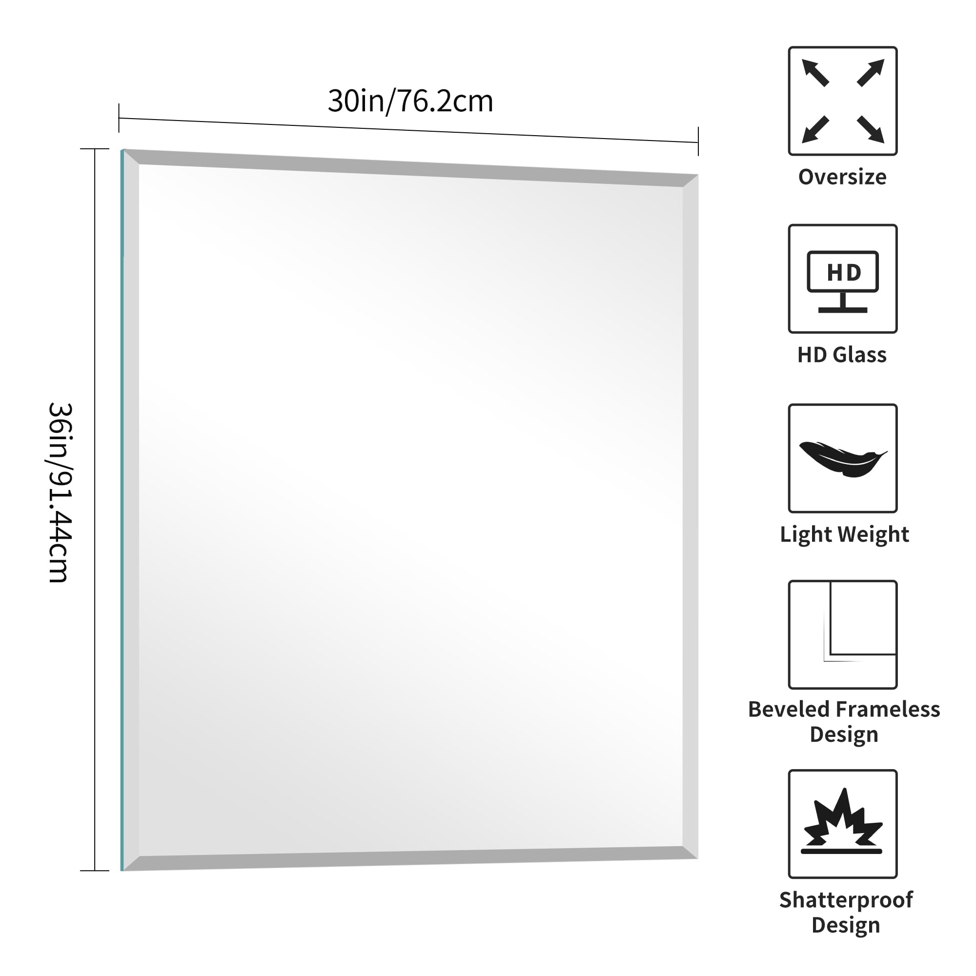 KOCUUY Beveled Mirror, 36x30 Inch Frameless Bathroom Mirror for Over Sink, Upgraded Shatterproof Beveled Unframed Design Mirror for Bathroom, Bedroom, Hang Horizontal/Vertical