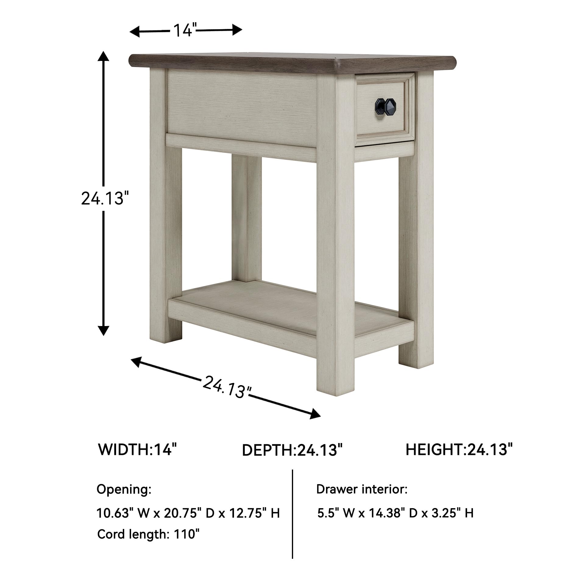 Farmhouse Chairside End Table with Charging Station & Drawer
