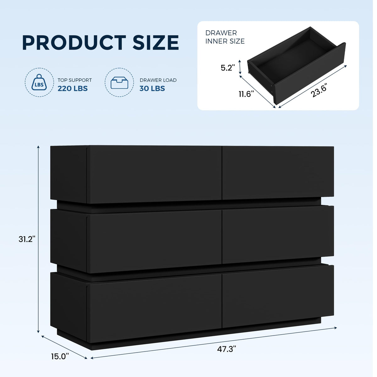 Jocoevol 6 Drawer Dresser with LED Lights, Modern Black Dresser for Bedroom