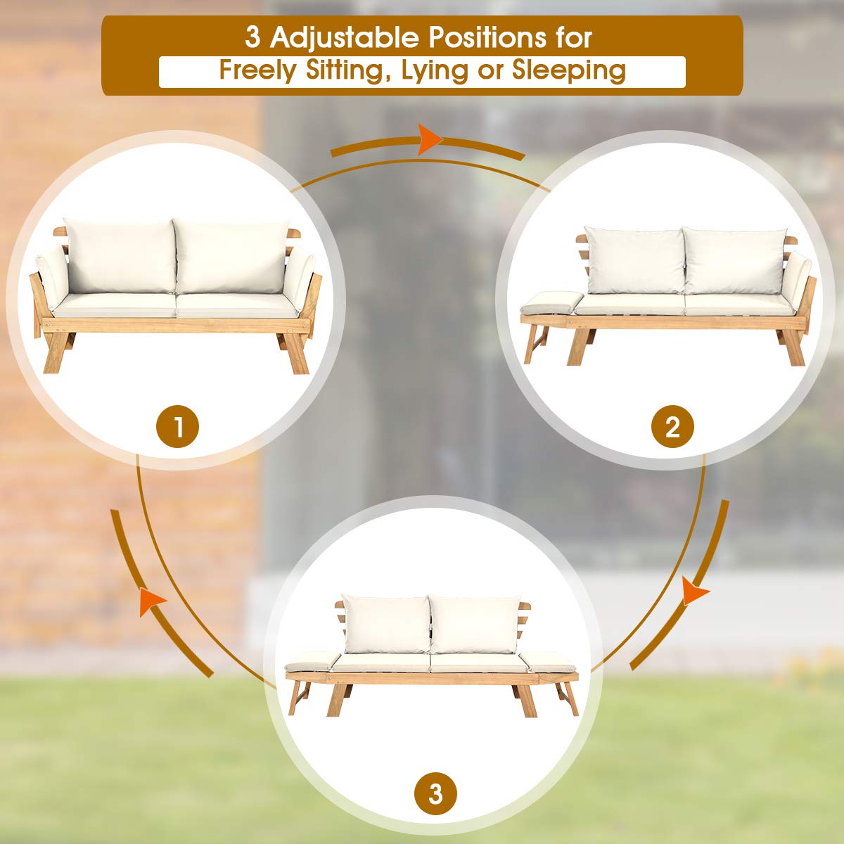 Acacia Wood Outdoor Daybed with Adjustable Armrests & Cushions