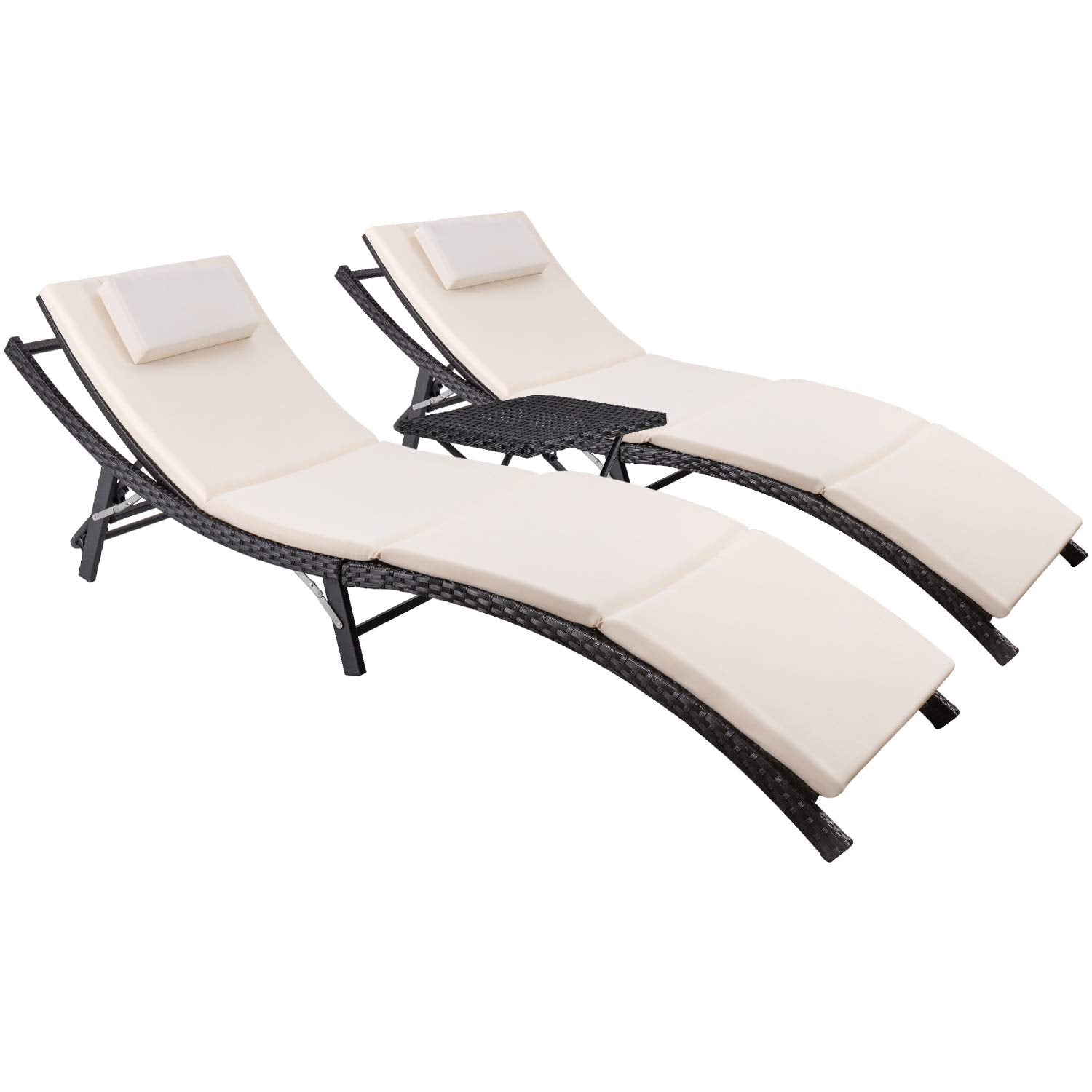 Outdoor Rattan Chaise Lounge Set of 3 with Folding Table