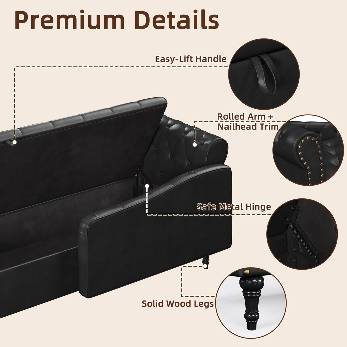 Faux Leather Chaise Lounge Chair with Storage, Left Rolled Armrest, Black