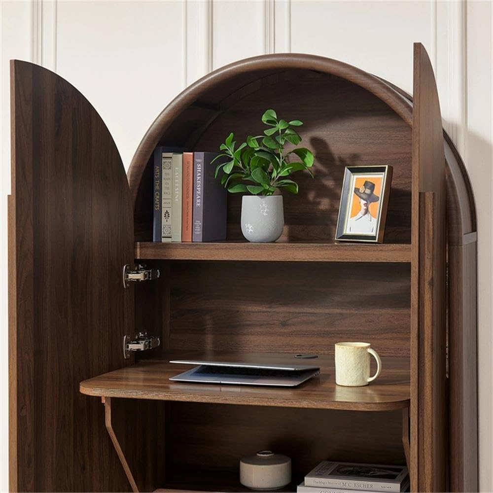 Modway Bellamy Fold-Out Desk Cabinet in Walnut – Modern Arched Storage Cabinet with Drop-Down Desk – Contemporary Space-Saving Writing Desk with Concealed Storage and Shelving