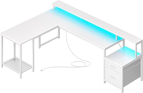 L-Shaped Gaming Desk with LED Lights & Storage