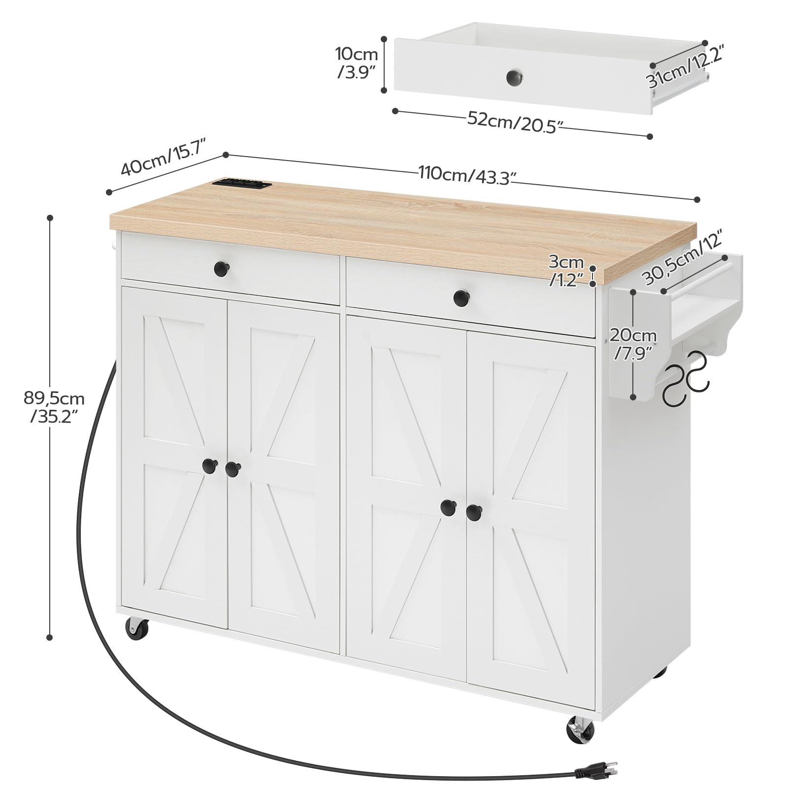 HOOBRO Kitchen Island with Power Outlet, Rolling Kitchen Island with Storage, Kitchen Island Cart with Spice Rack and Hooks, for Dining, Living Room, White and Natural WN11UZD01