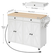 HOOBRO Kitchen Island with Power Outlet, Rolling Kitchen Island with Storage, Kitchen Island Cart with Spice Rack and Hooks, for Dining, Living Room, White and Natural WN11UZD01