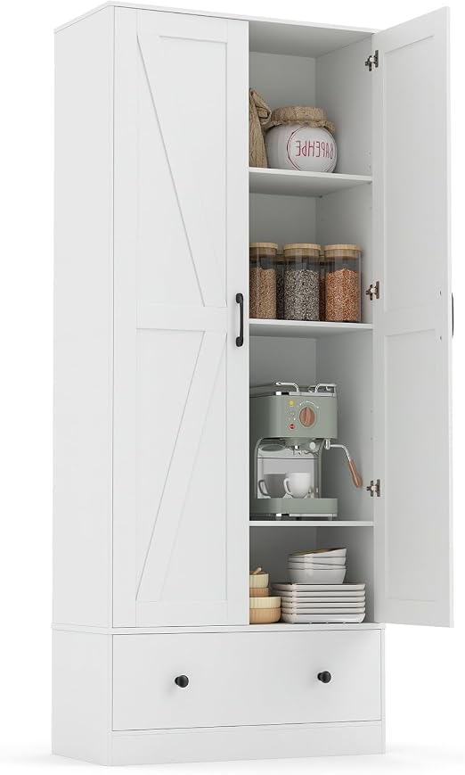 72" Tall Farmhouse Kitchen Pantry Cabinet with Doors, Drawer & Adjustable Shelves