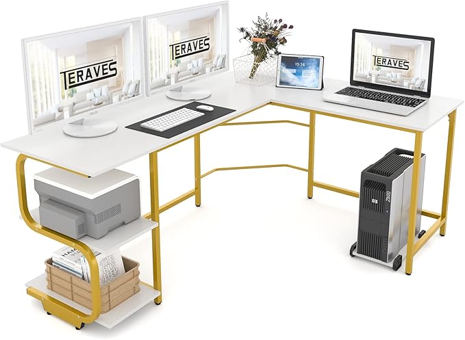 L-Shaped Desk with Storage Shelves & Monitor Stand Hole