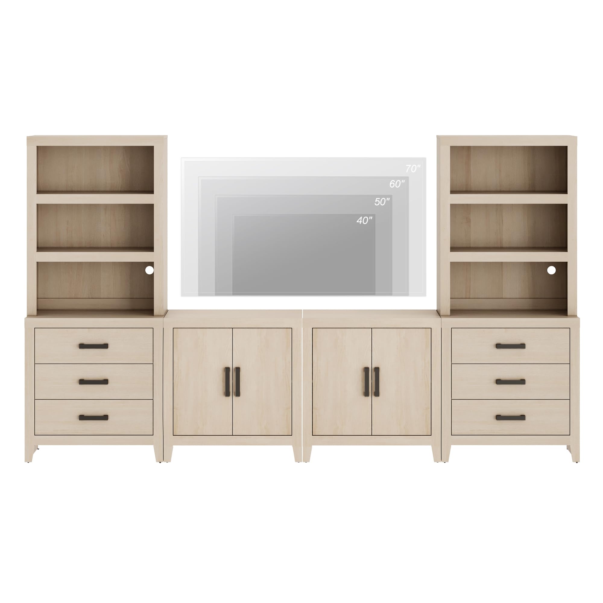 WAMPAT Entertainment Center with Bookshelves, Farmhouse TV Stand for 75 inch TV, Wood Media Console with Adjustable Shelves and Storage Drawers for Living Room, Bedroom, Beige