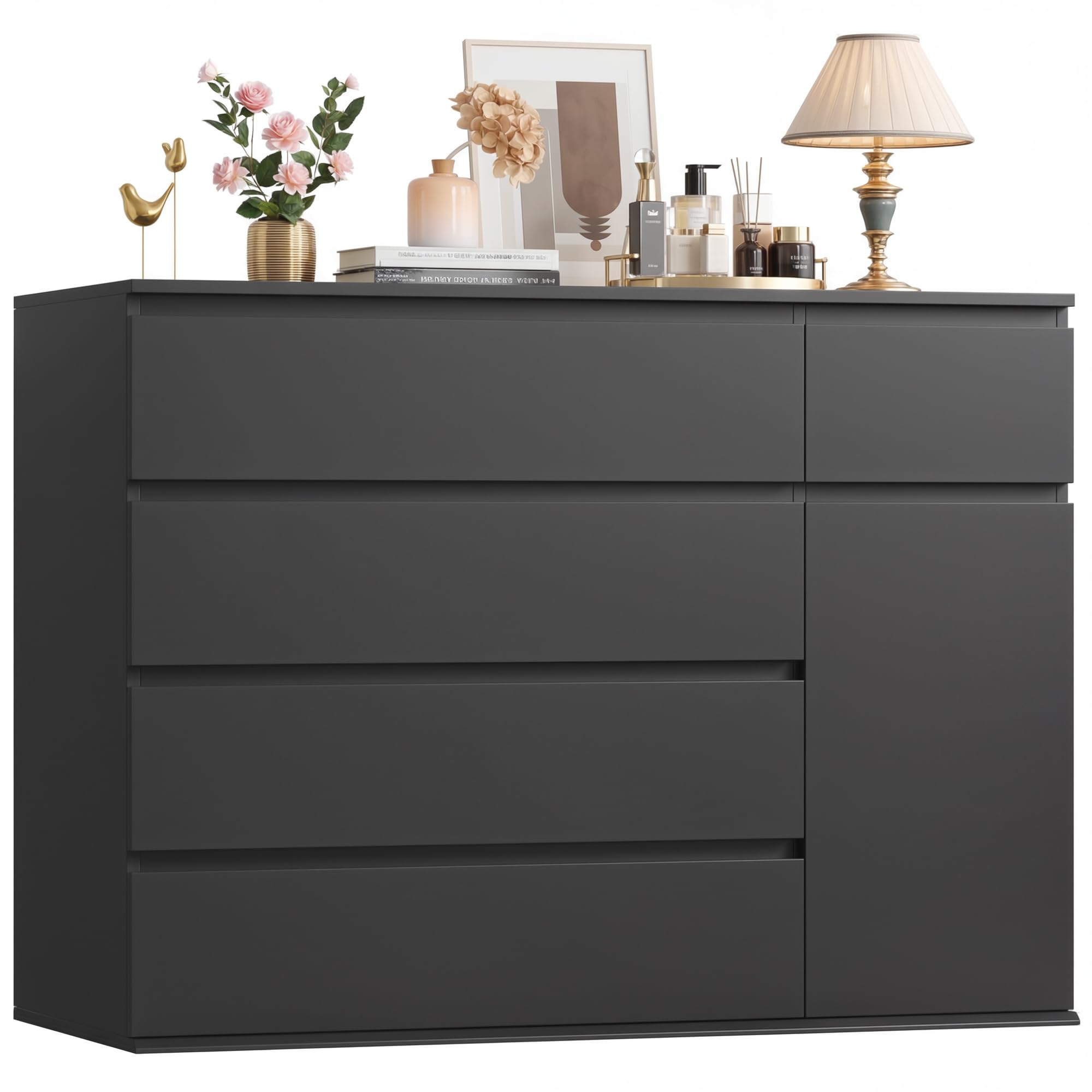 FOTOSOK 5 Drawer Dresser, Black Dresser for TV Stand, Double Wide Storage Chest of Drawers with Door, Deep Drawers and Wide Storage Space
