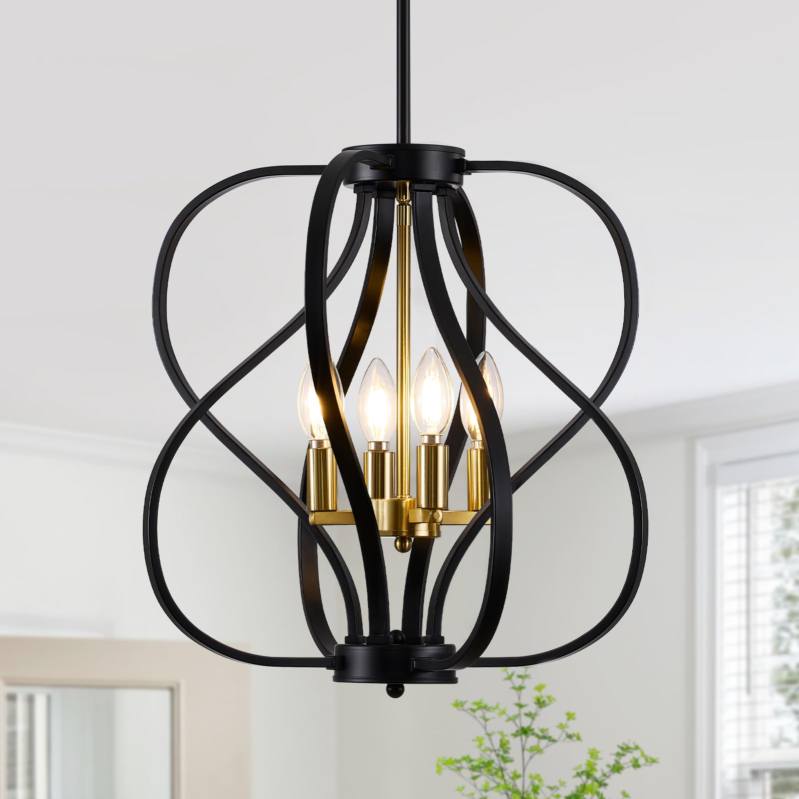 Black and Gold Chandelier Light Fixture, 18" Modern Farmhouse Industrial Chandelier, 4-Light Sphere Geometric Hanging Pendant Light Fixture for Dining Room Entryway Hallway Living Room Kitchen Island