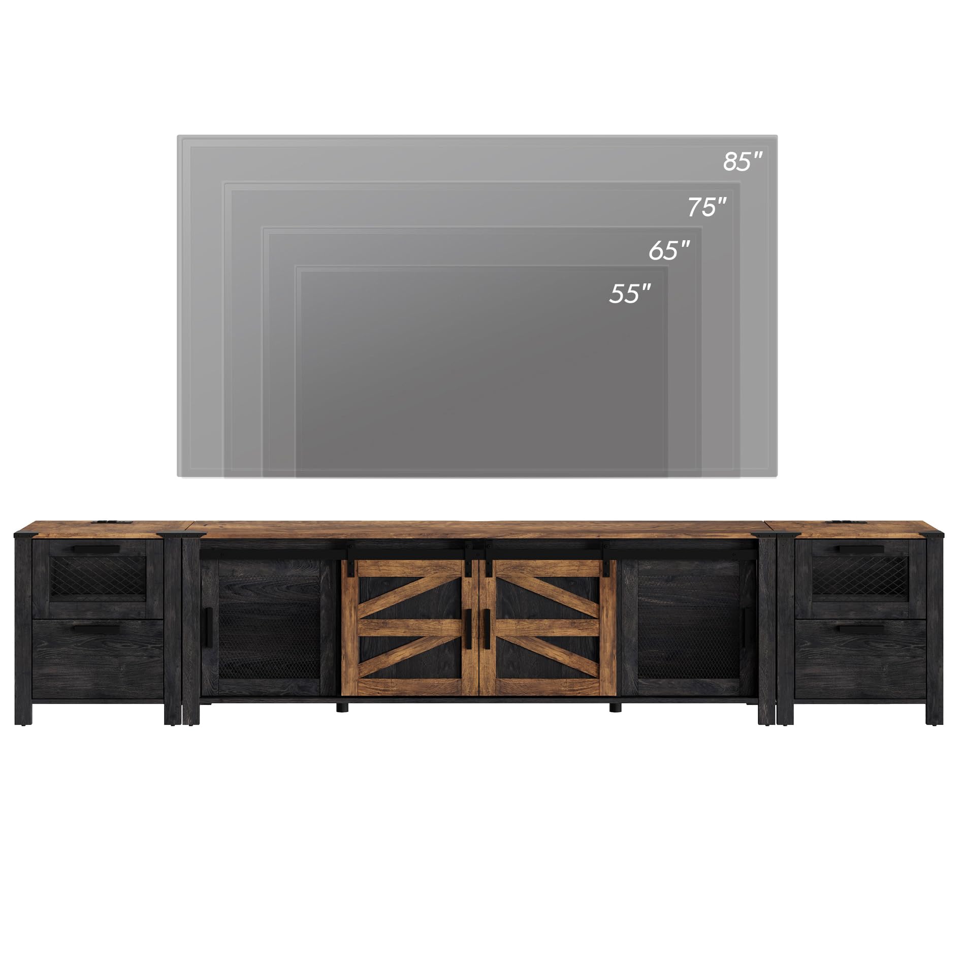 WAMPAT Farmhouse TV Stand Set for 85 inch TV, 2 in 1 Wood Universal TV Stand with Charging Station, Entertainment Center TV Console Table for Living Room, Antique Black