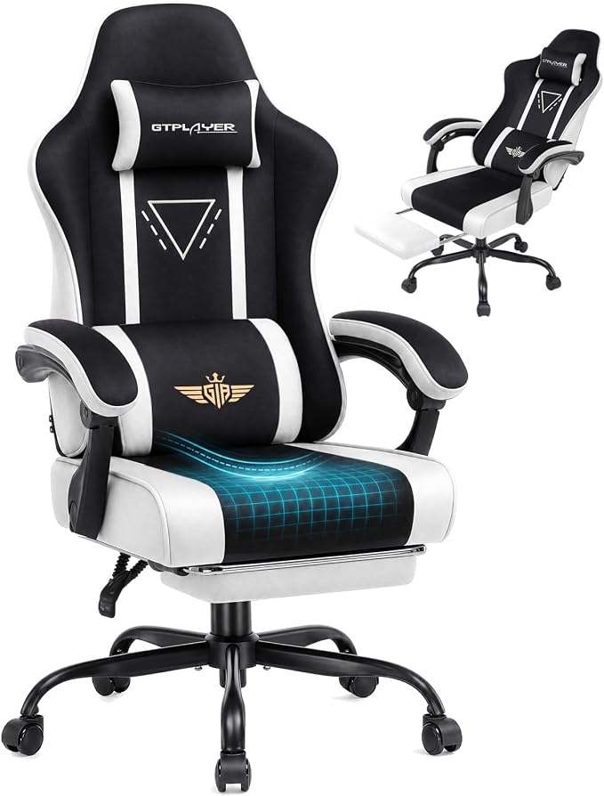 Black Fabric Gaming Chair with Footrest