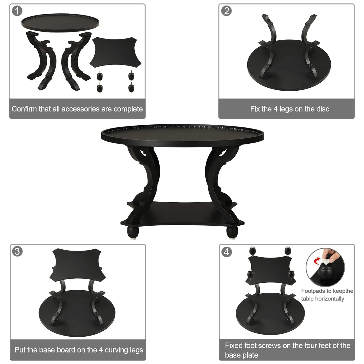Wnutrees Farmhouse Round Coffee Table, Wood Tray Top with Storage Shelf