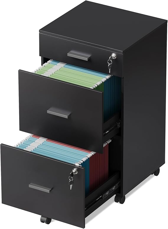 3-Drawer Rolling File Cabinet with Lock